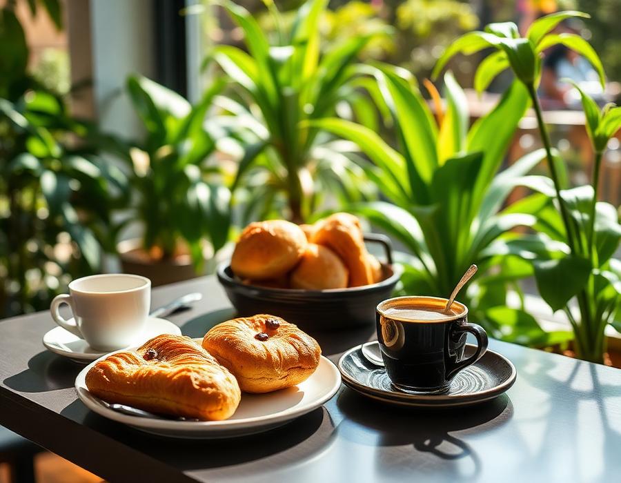 Coffee and pastries with plants